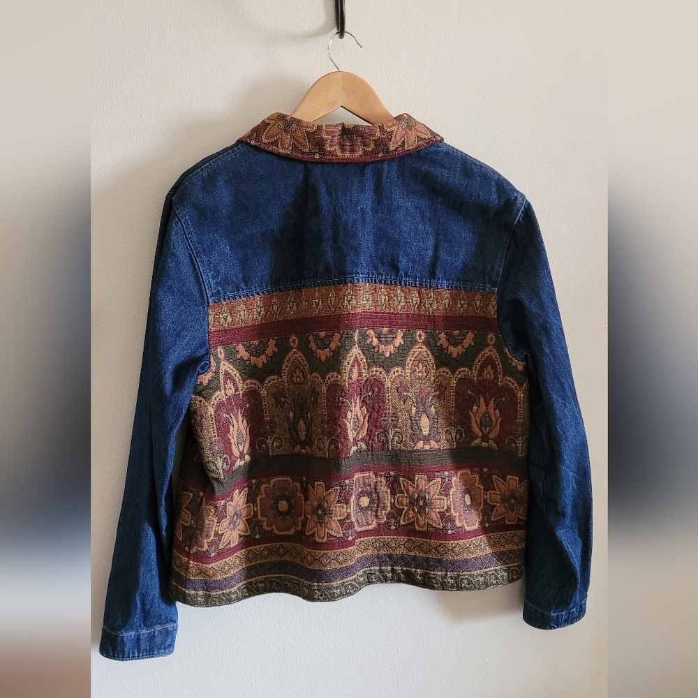 Coldwater Creek Denim and Tapestry Textured Jacket, Women's XL, Blue Jean, Brown - Picture 8 of 10